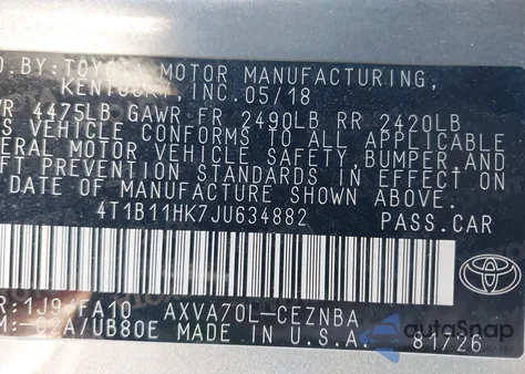 2018 Toyota Camry Le z USA, uszkodzony, nr VIN 4T1B11HK7JU634882